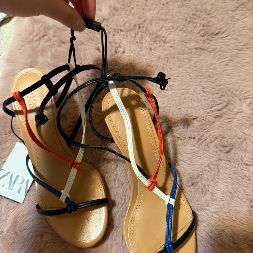 Zara Women's Black, White, Blue, and Orange Strappy Sandals brand new